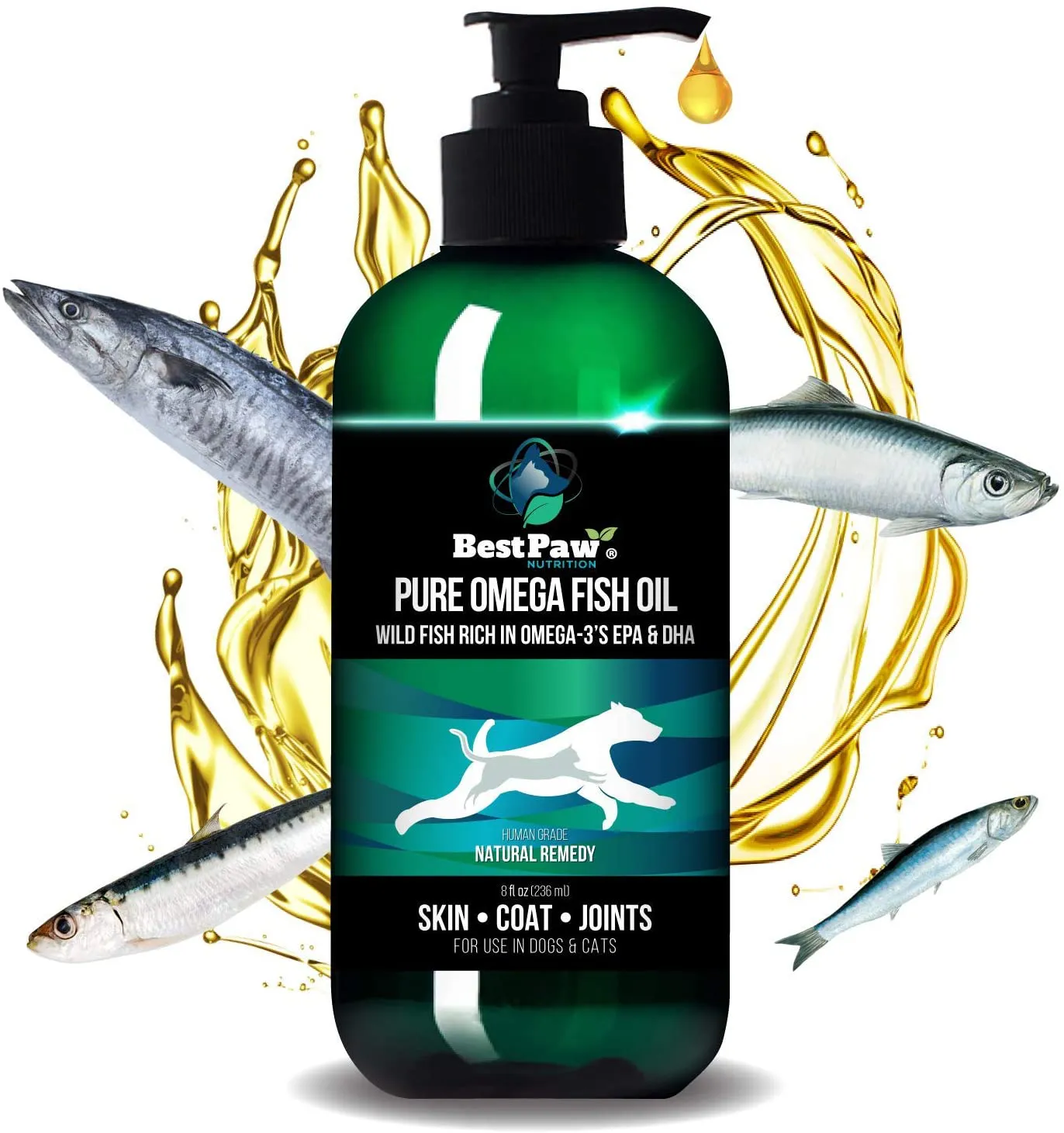 Best Paw Nutrition - Pure Omega Fish Oil for Dogs, Cats & Ferrets - Liquid Supplement for Joint Pain Relief - Soft Skin & Shiny Coat - Omega 3 Fish Oil Pets Love