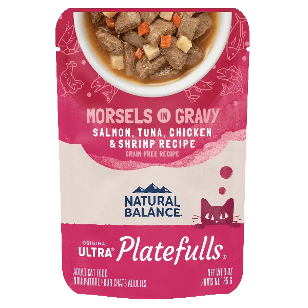 Natural Balance Platefulls Salmon, Tuna, Chicken & Shrimp Recipe Morsels in Gravy Cat Food Pouch