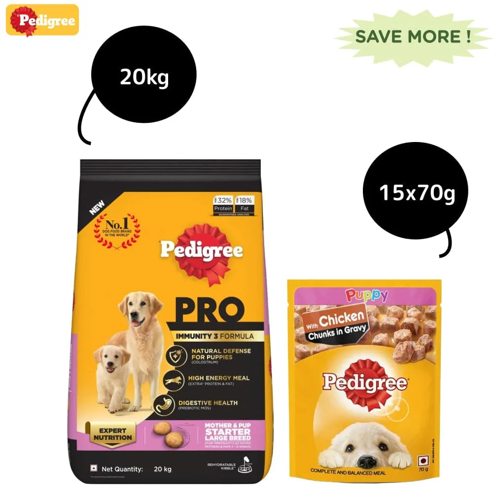 Pedigree PRO Expert Nutrition Lactating/Pregnant Mother & Puppy Starter Large Breed Dog Dry and Chicken Chunks in Gravy Puppy Wet Food Combo