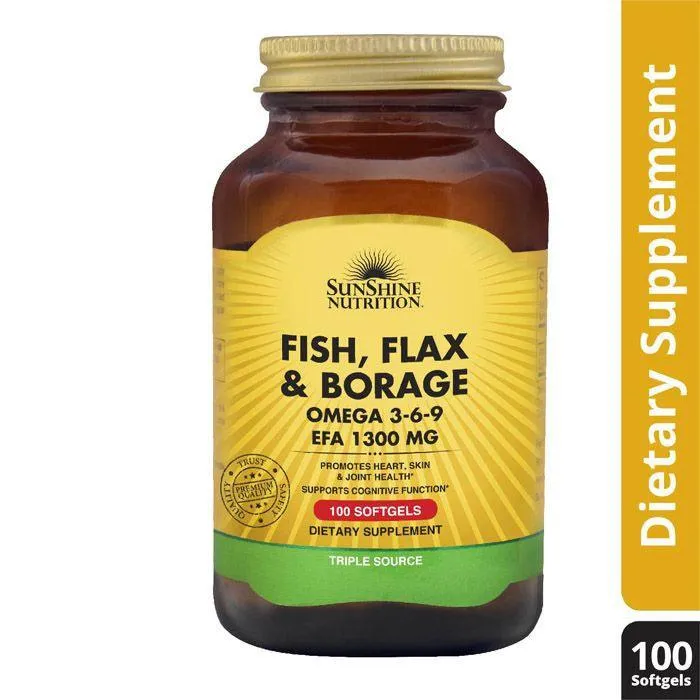 Sunshine Nutrition Fish Flax & Borage Omega 3 6 9 EPA 1300mg 100Softgels