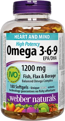 Webber Naturals Omega 3-6-9 1200 mg No Fishy Aftertaste Fish, Flax & Borage